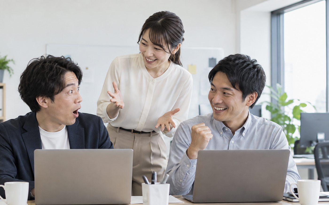 ノートパソコンを開いて、話し合いながら喜ぶ3人