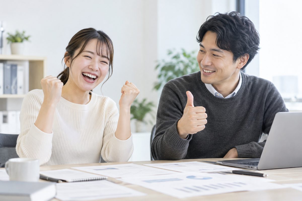 資料を広げた机で、うまくいったと喜び合う2人