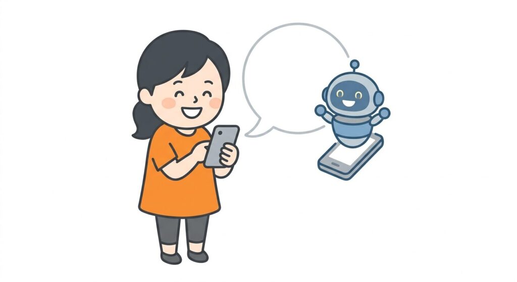 女性がスマホで検索をして、AIが答えているイラスト