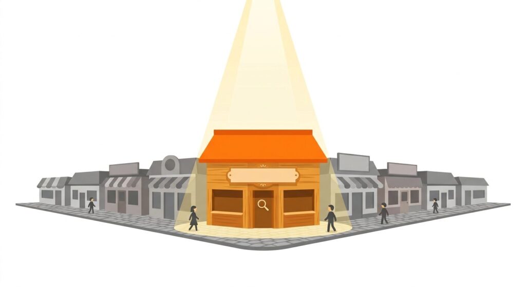 たくさんのお店が立ち並ぶ中、人々が歩いている。真ん中のお店にスポットライトが当たっている画像