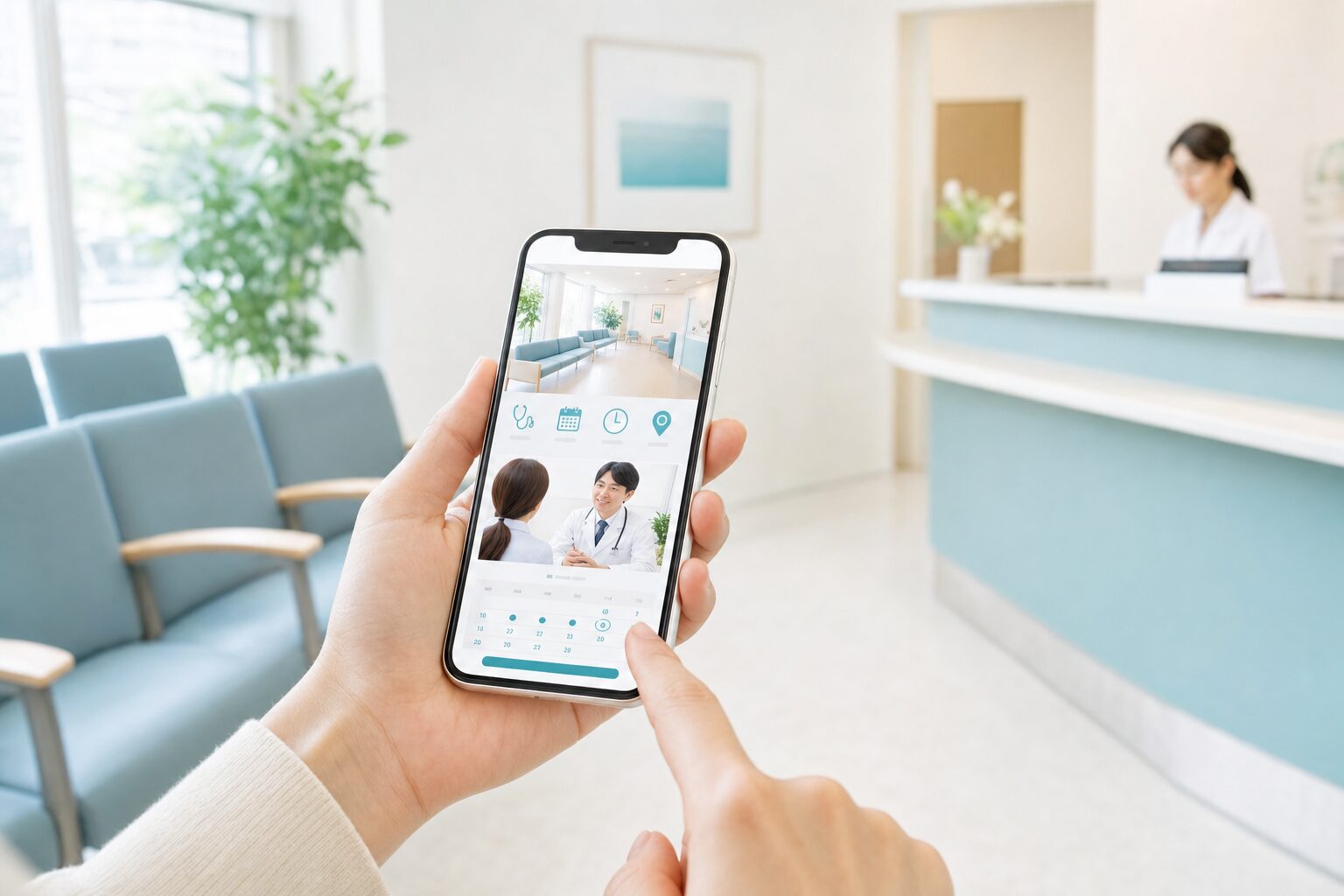 クリニックの待合室で、患者がスマートフォンでサイトを見ている
