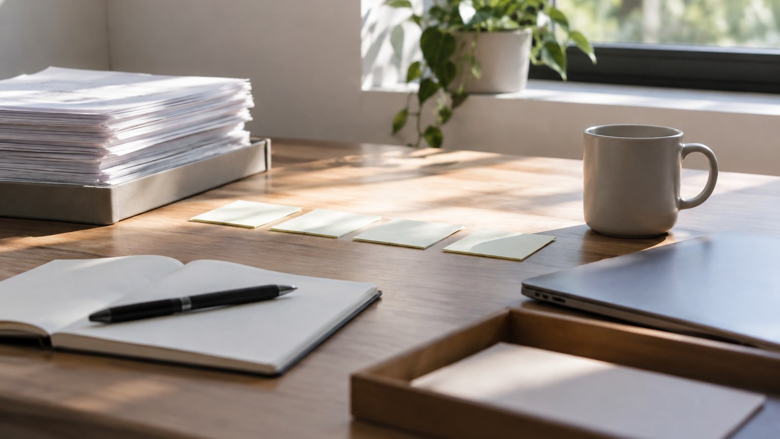 積んだ書類の手前に、開いたノートとペンを置いた机