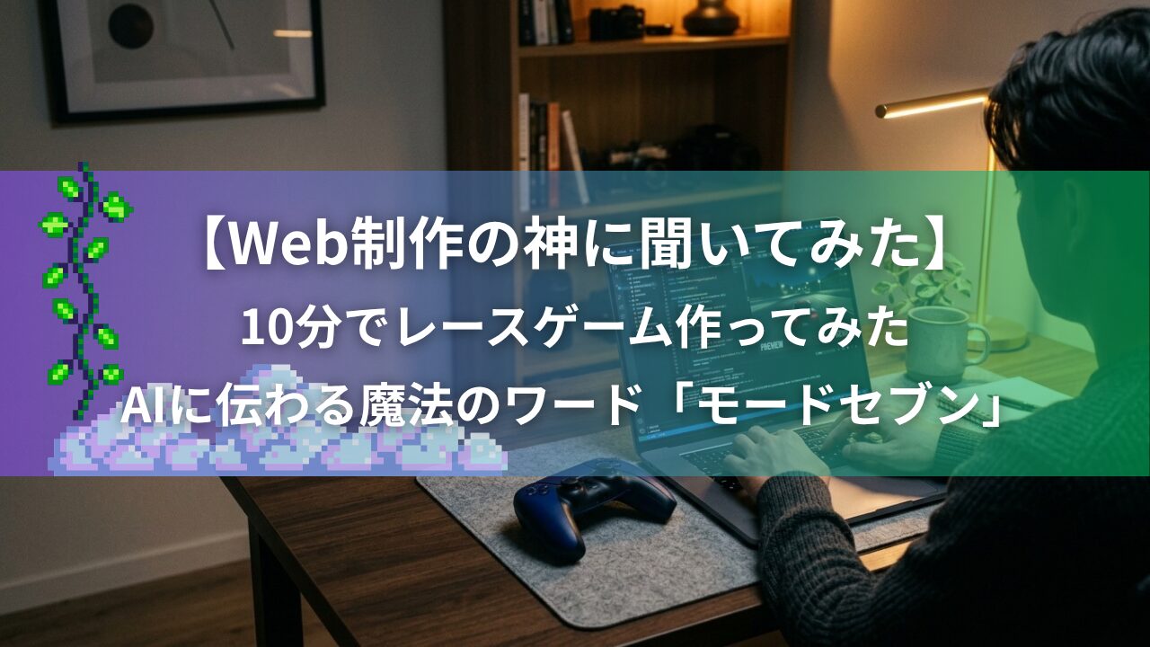 AIで10分ゲーム制作中のデスク周り。ノートPCとコントローラーが並び、モニターにマリオカート風レースの開発画面が映る作業スペース