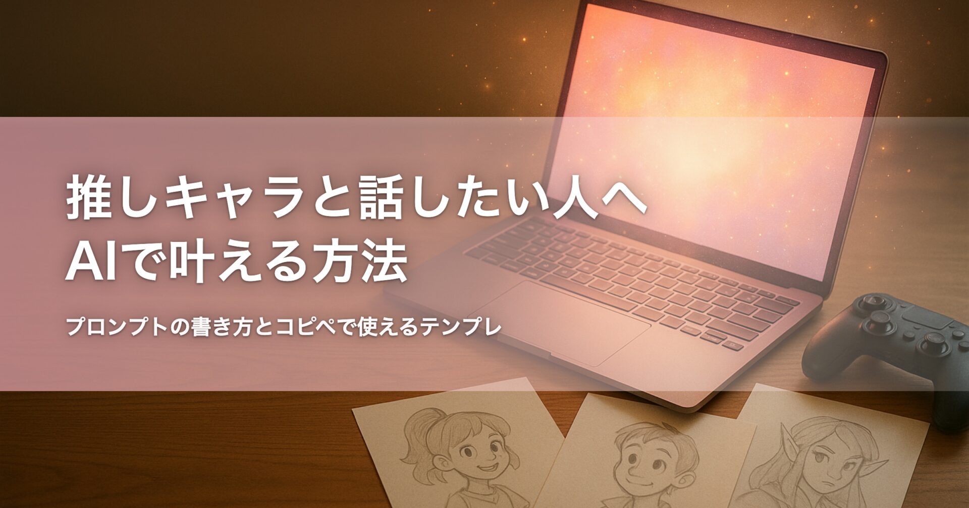 ノートPCの画面から光が漏れ、机に手書きのキャラクタースケッチとゲームコントローラーが並ぶ作業デスク。AIに推しキャラを演じてもらうプロンプト作成のイメージ
