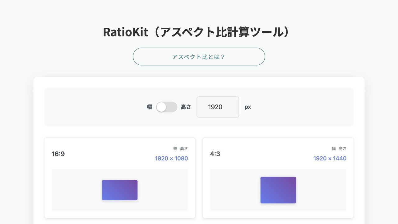 RatioKit の画面。「RatioKit(アスペクト比計算ツール)」の題の下に、幅と高さの切りかえと、1920 と入った入力欄があり、16:9 は 1920 × 1080、4:3 は 1920 × 1440 と出ている