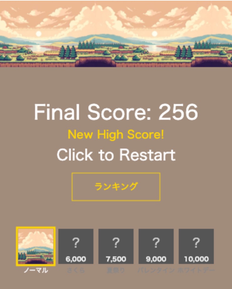 ゲームオーバーのあとの結果の画面。点数の下に5つのステージが並び、まだ選べないステージには必要な点数が出ている